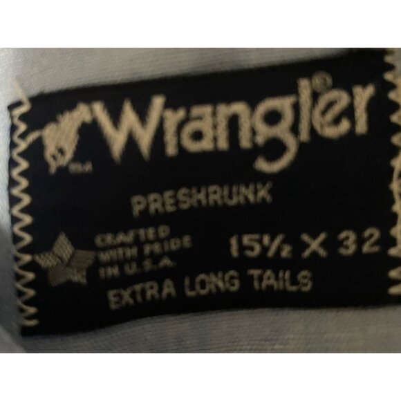 Wrangler Vintage Mens Extra Long Tails Shirt Size 15.5 Pearl Snap Blue Faded USA - Picture 14 of 16